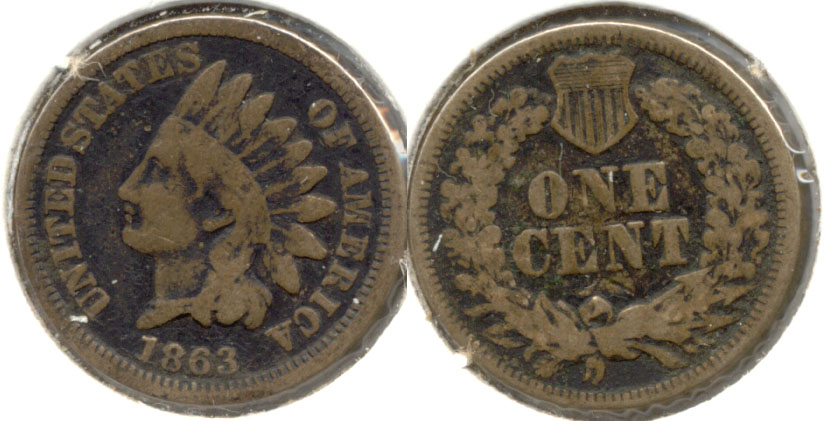 1863 Indian Head Cent VG-8 f Dark Fields