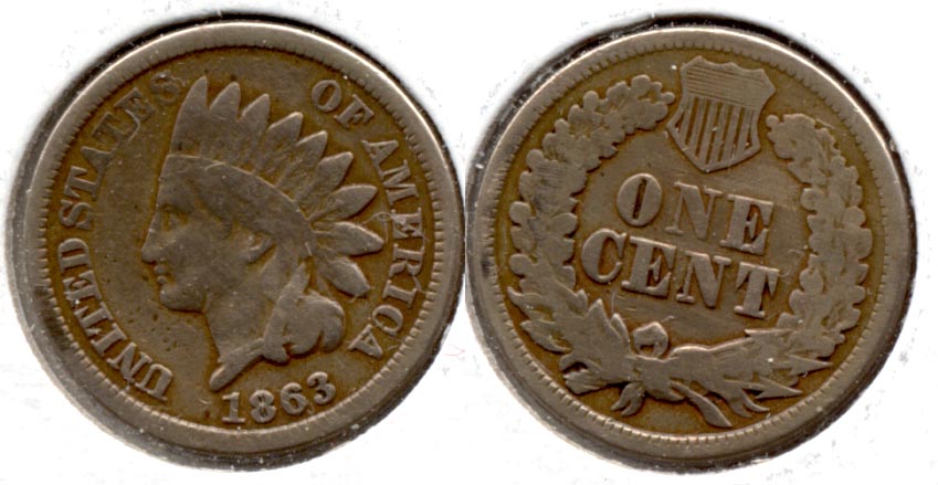 1863 Indian Head Cent VG-8 r Lacquer