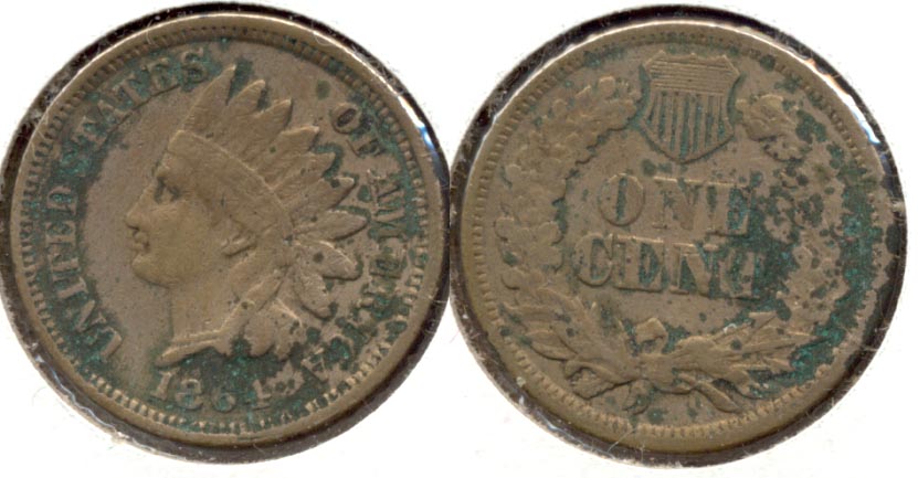 1864 Copper Nickel Indian Head Cent Fine-12 b Green Matter
