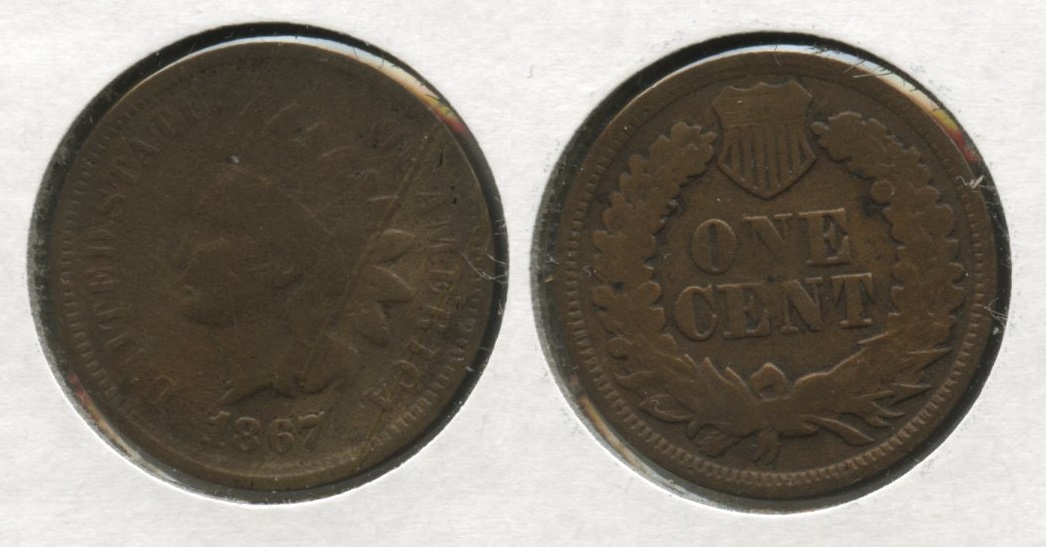 1867 67 Over 67 Indian Head Cent Good-4 #o Cleaned Retoned