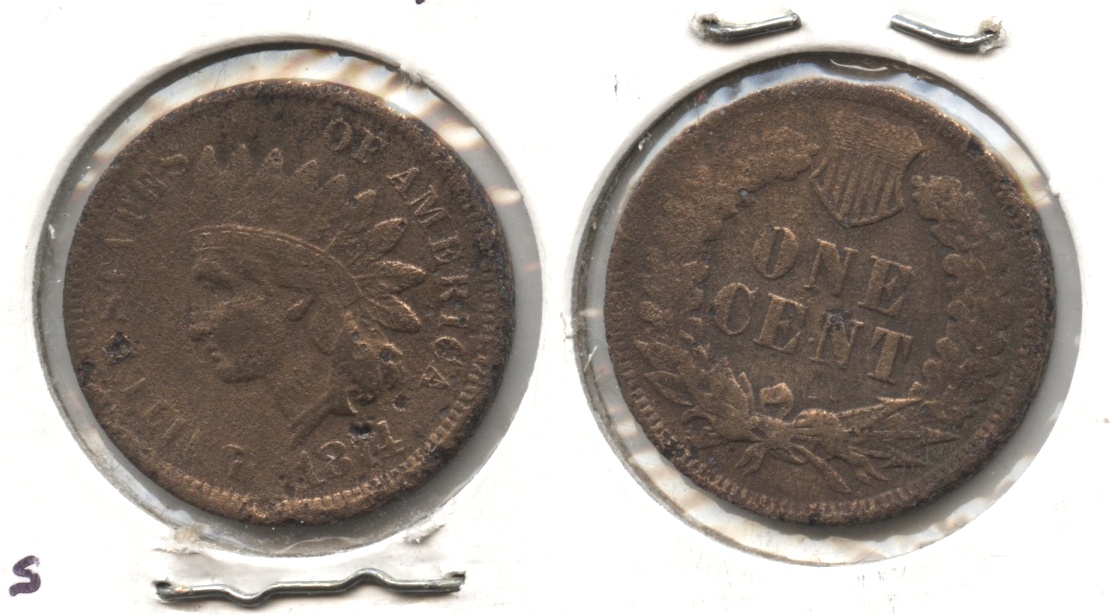 1874 Indian Head Cent Fine-12 #d Porous