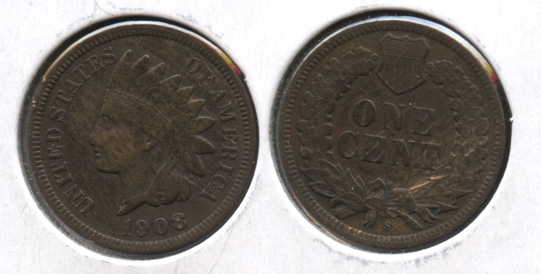 1908-S Indian Head Cent VF-20 #e Cleaned Retoned