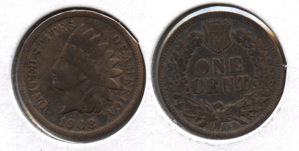 1908-S Indian Head Cent VF-20 #f Cleaned Retoned
