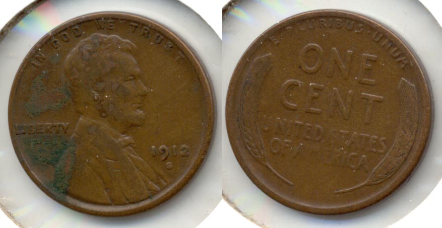 1912-S Lincoln Cent Fine-12 d Obverse Verdigris