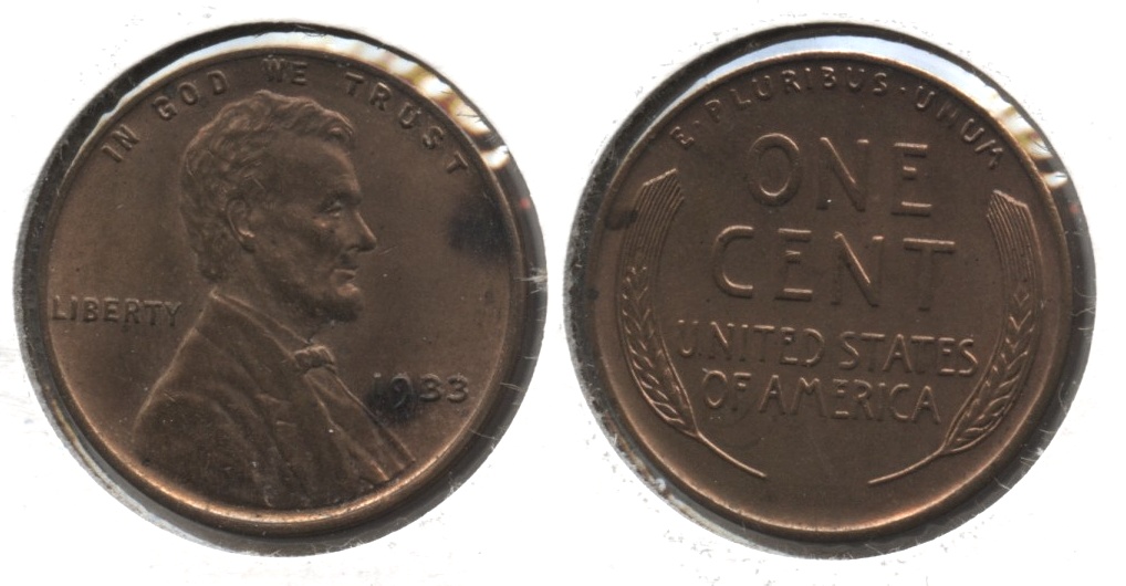 1933 Lincoln Cent MS-60 Red Brown #c Darker Patches