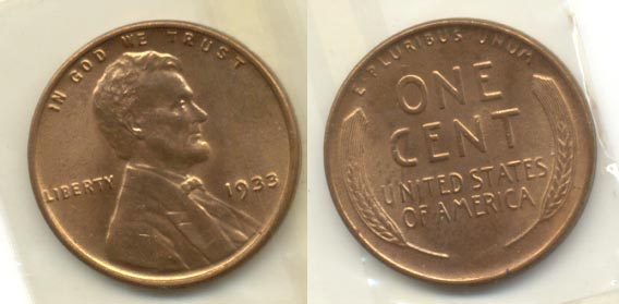 1933 Lincoln Cent MS-63 Red Brown