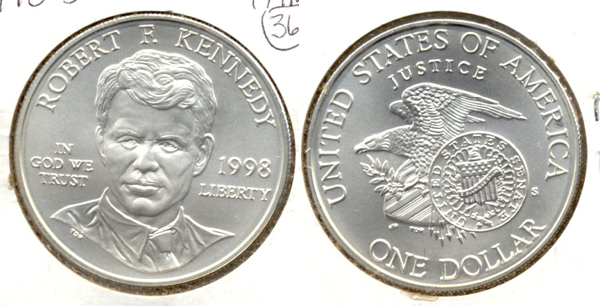 1998-S Robert F Kennedy Commemorative Silver Dollar Mint State in 2x2