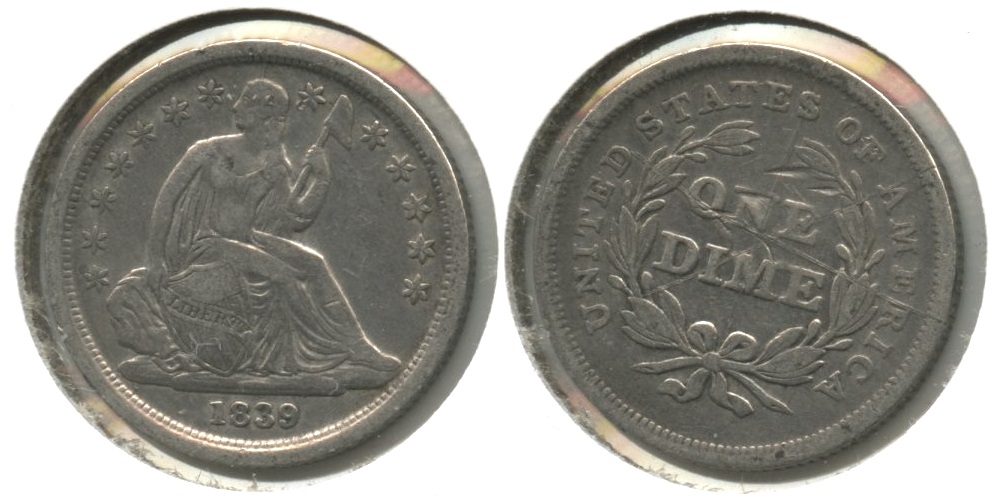 1839 Seated Liberty Dime Fine-12 #a Reverse Scratches