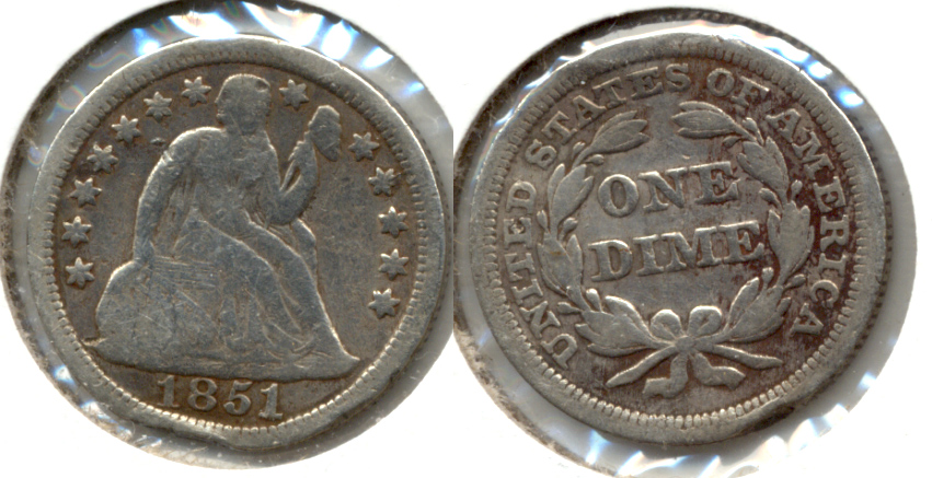 1851 Seated Liberty Dime Fine-12 a Damage