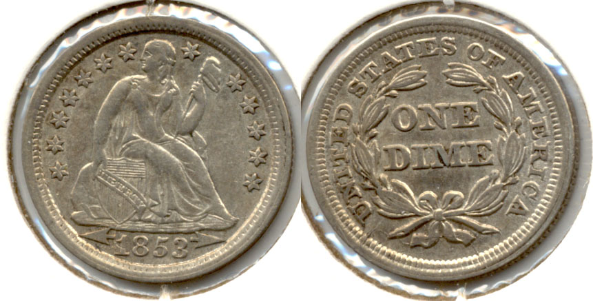 1853 Arrows Seated Liberty Dime AU-50