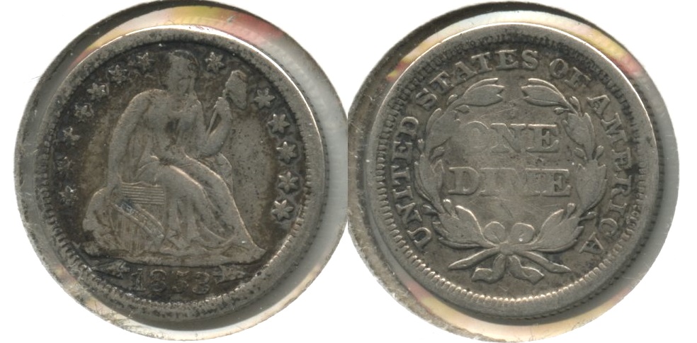 1853 Arrows Seated Liberty Dime Fine-12 #g Obverse Spot