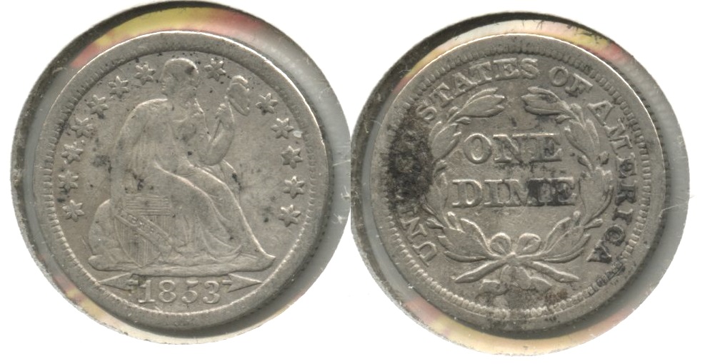 1853 Arrows Seated Liberty Dime Fine-12 #h Lightly Cleaned