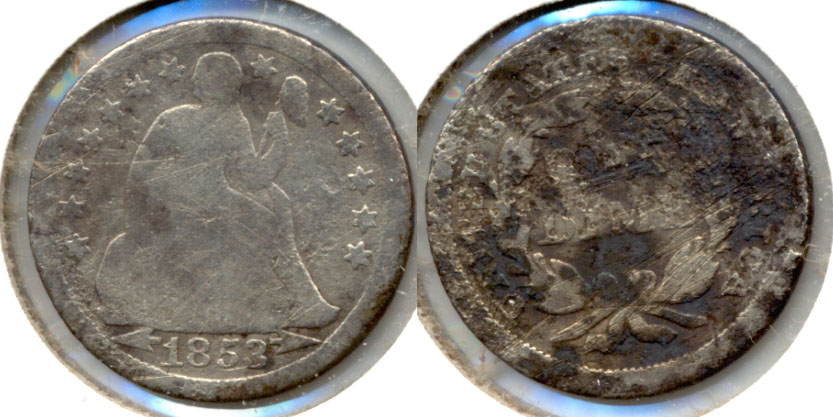 1853 Arrows Seated Liberty Dime Good-4 a Reverse Corrosion