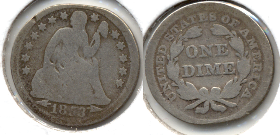 1853 Arrows Seated Liberty Dime Good-4 l Rim Shave