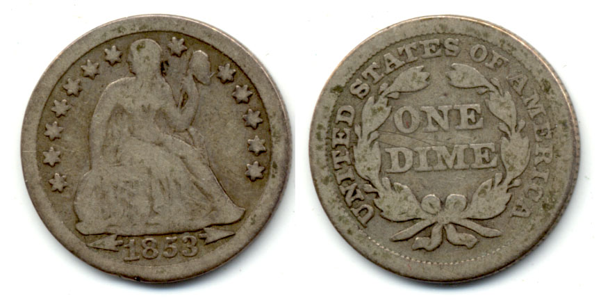 1853 Arrows Seated Liberty Dime Good-6