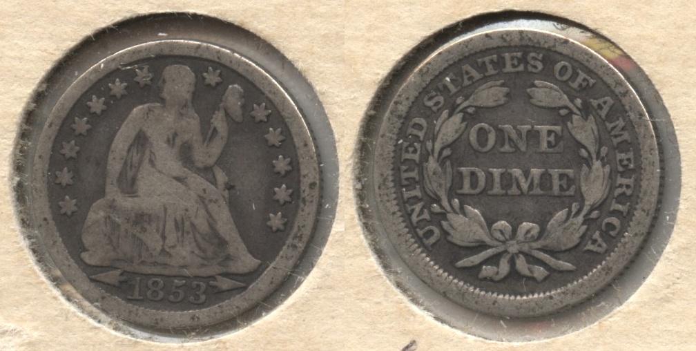 1853 Arrows Seated Liberty Dime VG-8 #e
