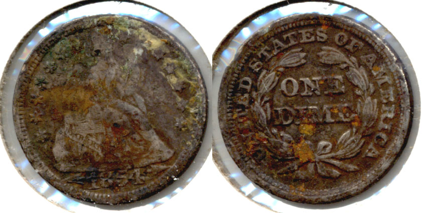 1854 Seated Liberty Dime Fine-12 Corrosion