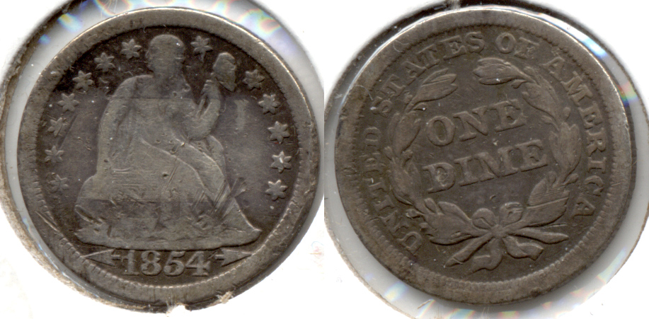 1854 Seated Liberty Dime VG-8 a Obverse Scratch