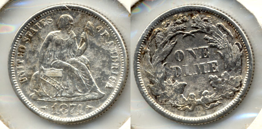 1874 Seated Liberty Dime AU-50 Rough