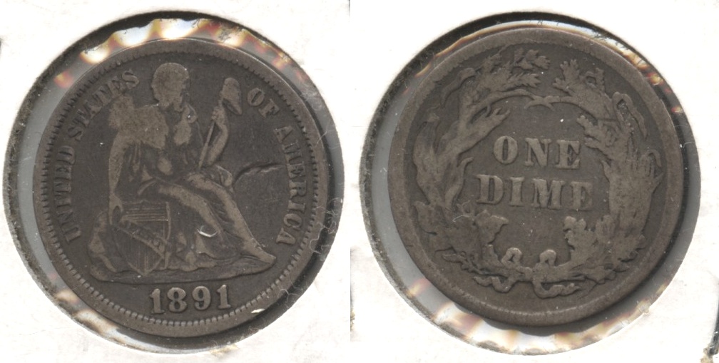 1891 Seated Liberty Dime Fine-12 #e Obverse Scratch