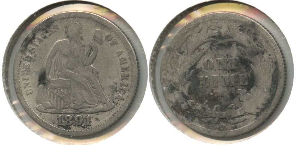 1891 Seated Liberty Dime Fine-12 #l Ugly