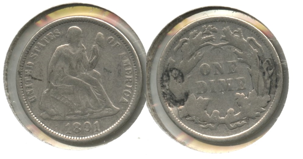 1891 Seated Liberty Dime Fine-12 #m Reverse Mark