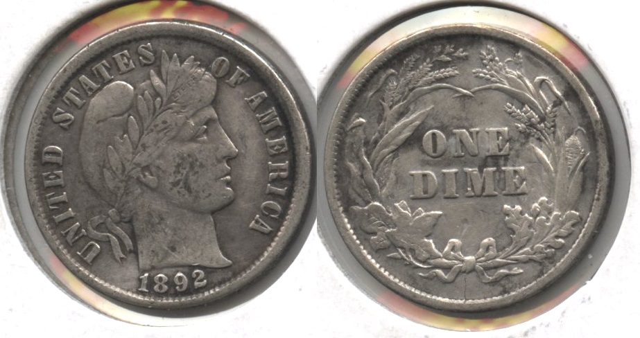 1892 Barber Dime VF-20 #m Reverse Mark