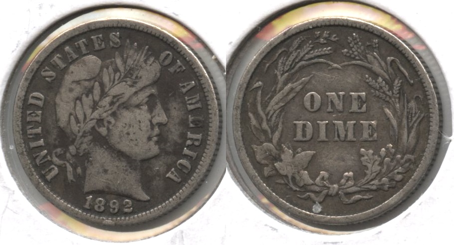 1892 Barber Dime VF-20 #p Bit Dark