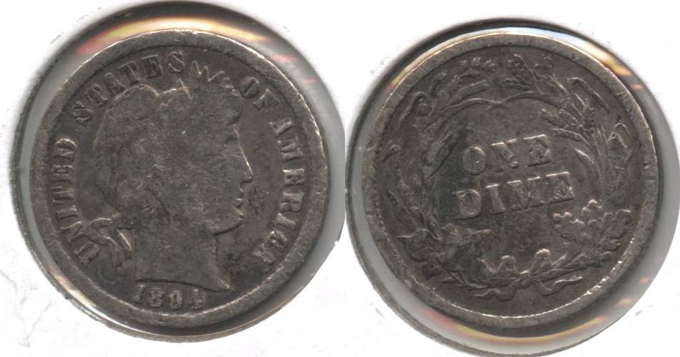 1894 Barber Dime Good-4 #b Cleaned