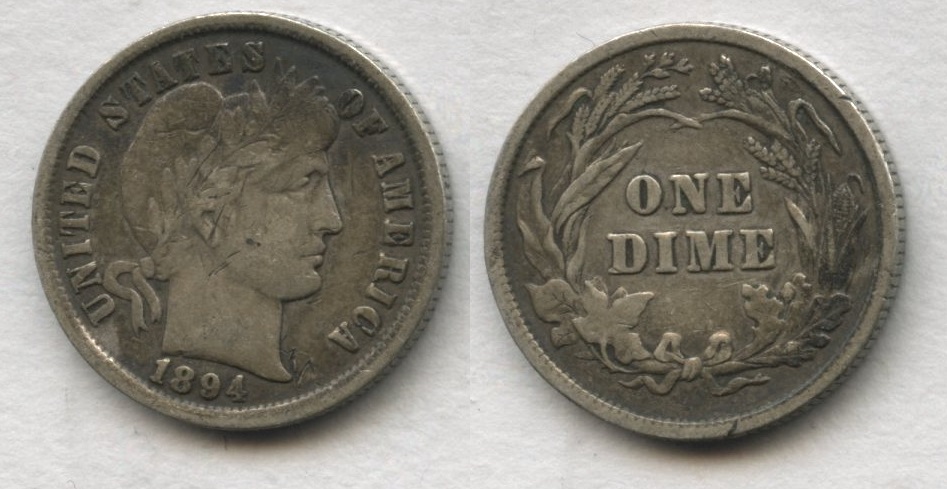 1894 Barber Dime VF-20 Obverse Mark