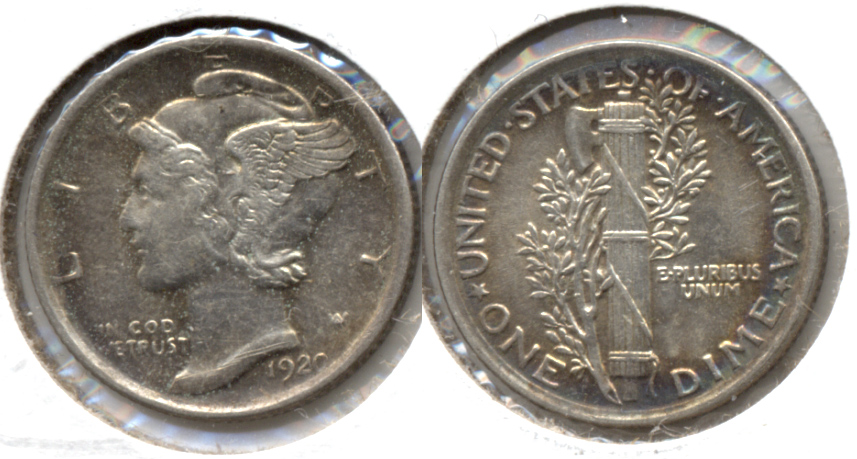 1920 Mercury Dime AU-58 Cleaned Retoned