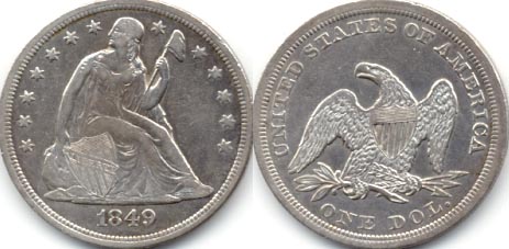 1849 Seated Liberty Silver Dollar VF-30