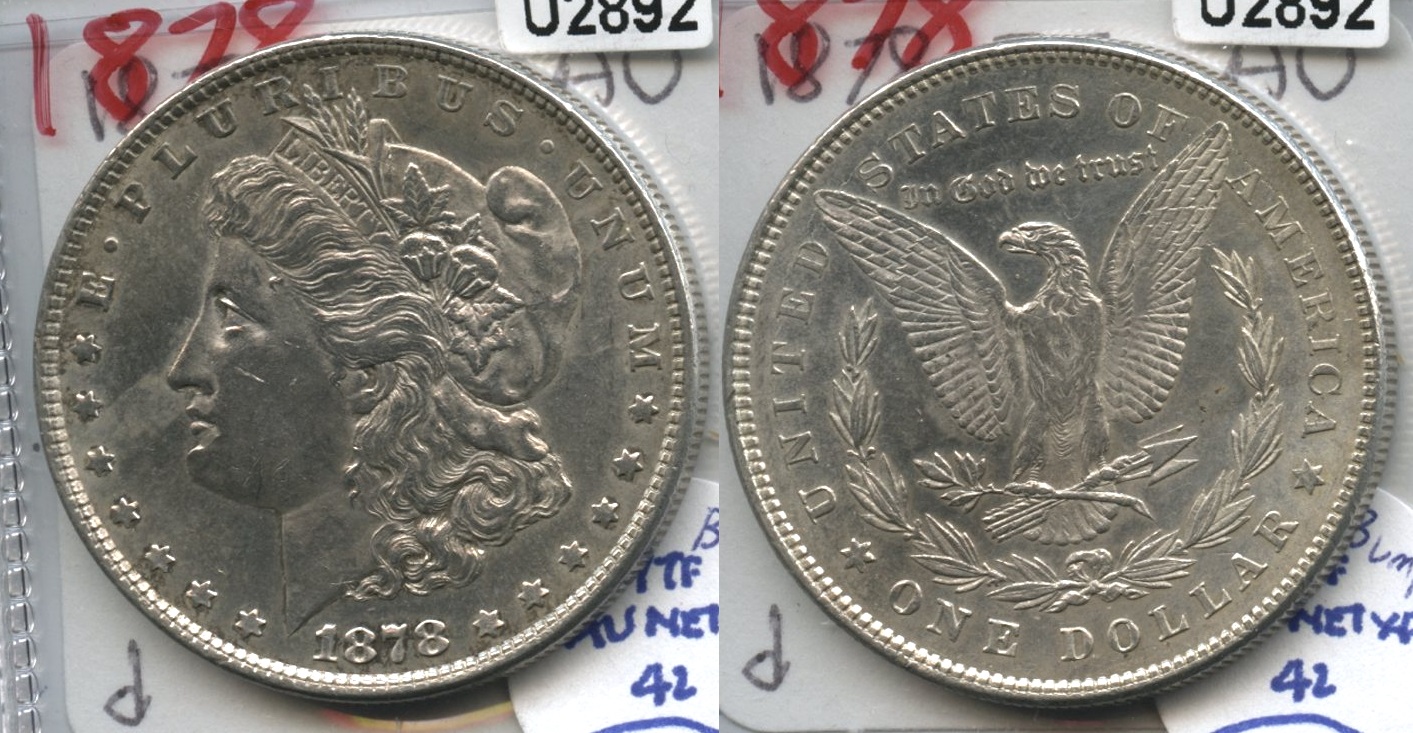 1878 Morgan Silver Dollar 7 Tailfeathers AU-50 #d Obverse Bump
