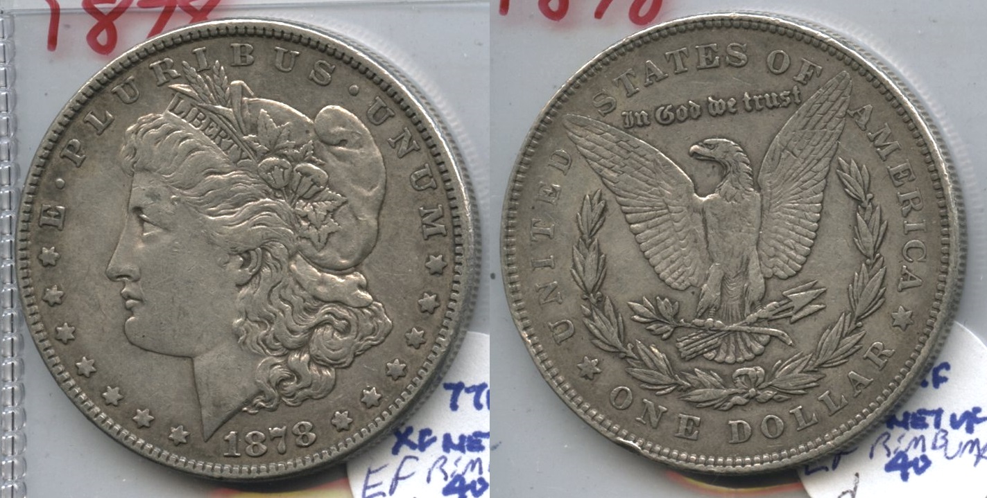 1878 Morgan Silver Dollar 7 Tailfeathers EF-40 #d Rim Bump