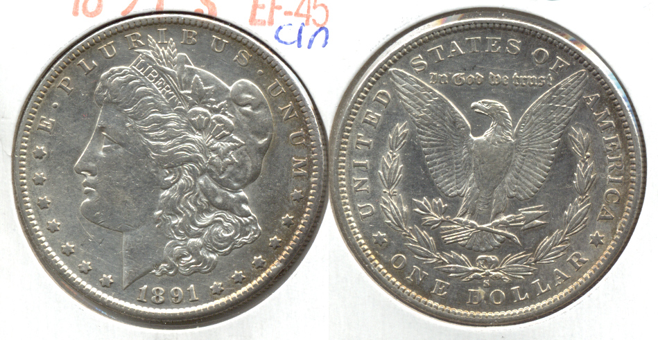 1891-S Morgan Silver Dollar EF-45 b Cleaned