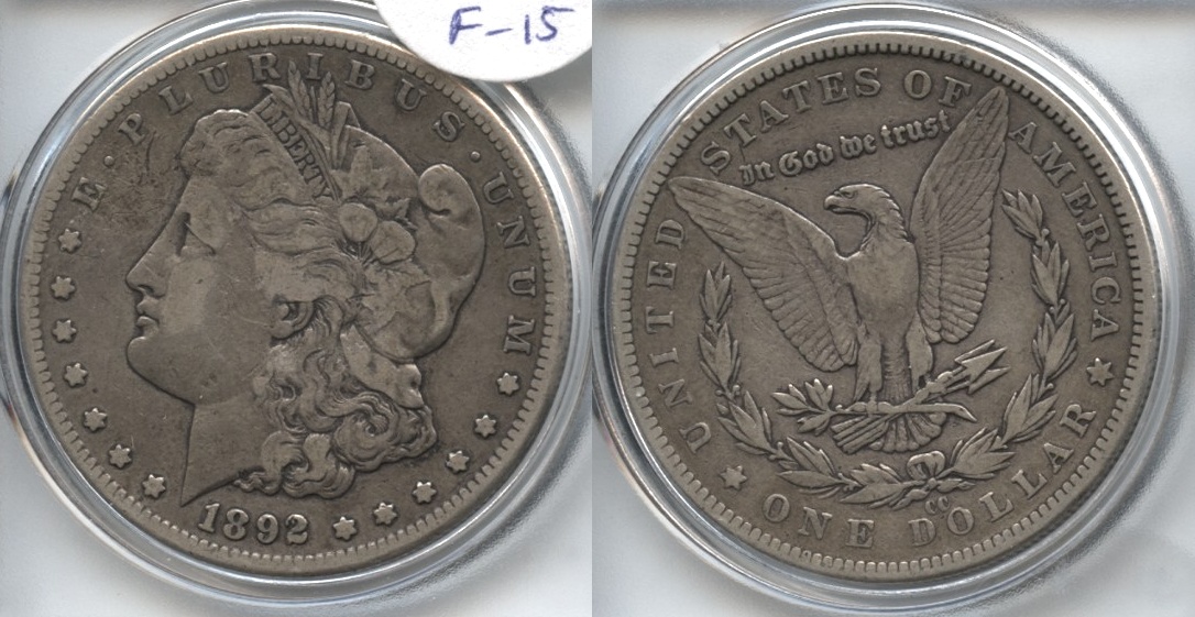 1892-CC Morgan Silver Dollar Fine-15 VAM-1, Normal Die, Rev has doubled beak