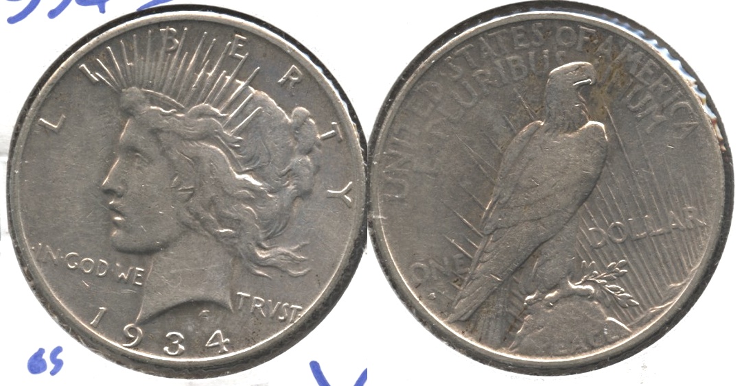 1934-S Peace Silver Dollar VF-20 Old Cleaning #c