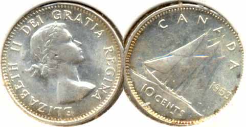 1953 No Shoulder Fold Canada Dime MS-63