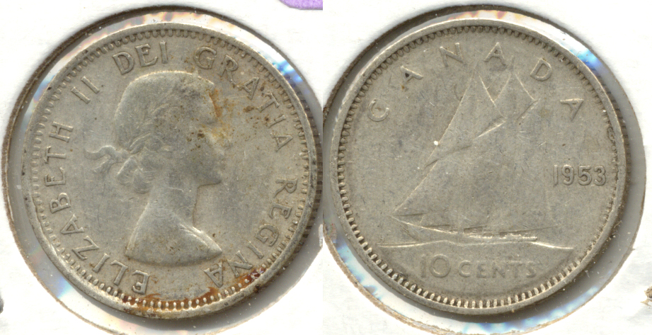 1953 No Shoulder Fold Canada Dime VG-8