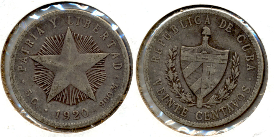 1920 Cuba 20 Centavos VF-20 a