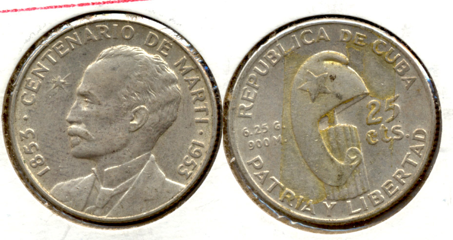 1953 Cuba 25 Centavos EF-40