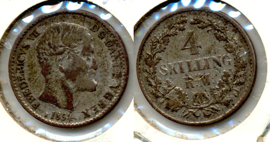1854 Denmark 4 Skilling VF-20 Porous