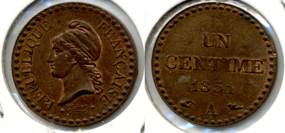 1851-A France 1 Centime AU-50