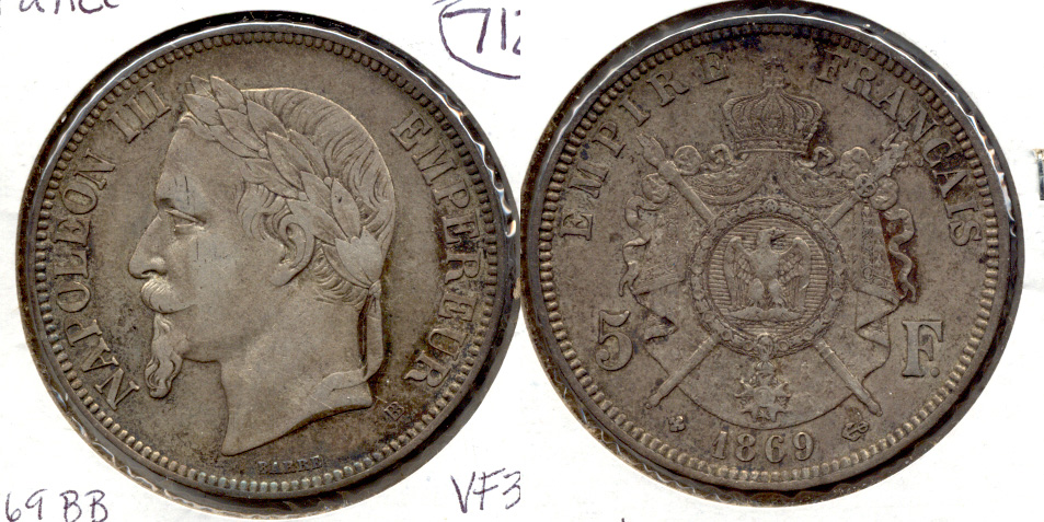 1869-BB France 5 Francs VF-30