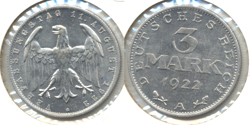 1922-A Germany 3 Mark AU-50