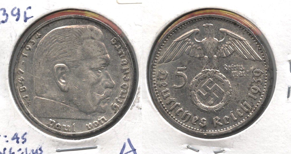 1939-F Germany 5 Mark AU-50