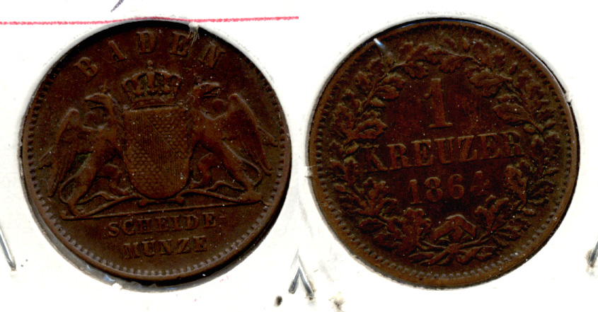 1864 Baden Germany 1 Kreuzer VF-20