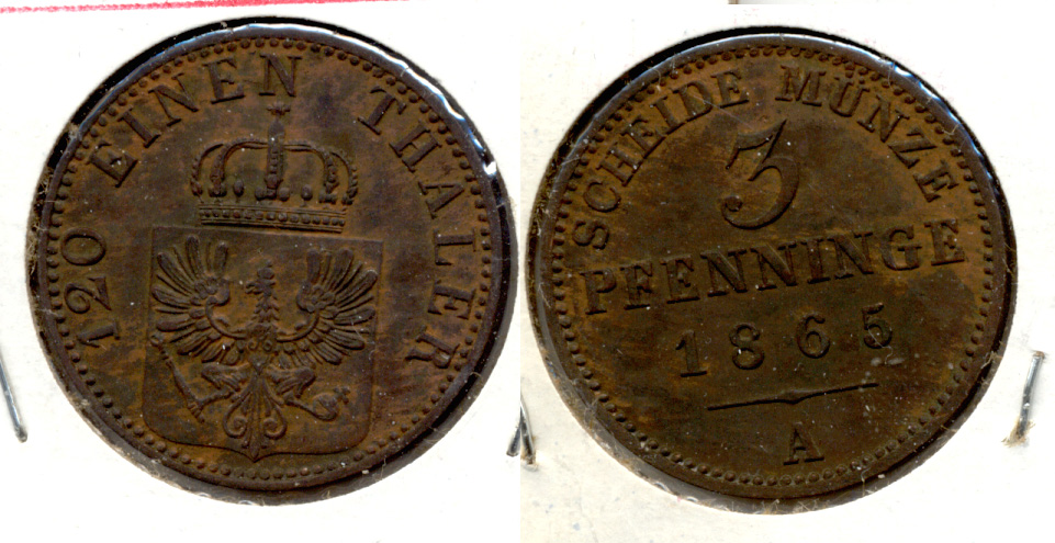 1865-A Germany Prussia 3 Pfennig EF-40