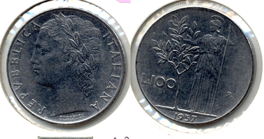 1957-R Italy 100 Lira AU-50