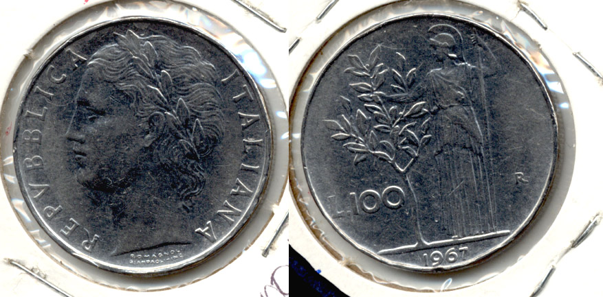 1967-R Italy 100 Lira AU-50